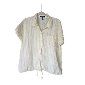 Ellen Tracy Yellow Striped Women's Top XL Short Sleeve Tie Front 100% Linen